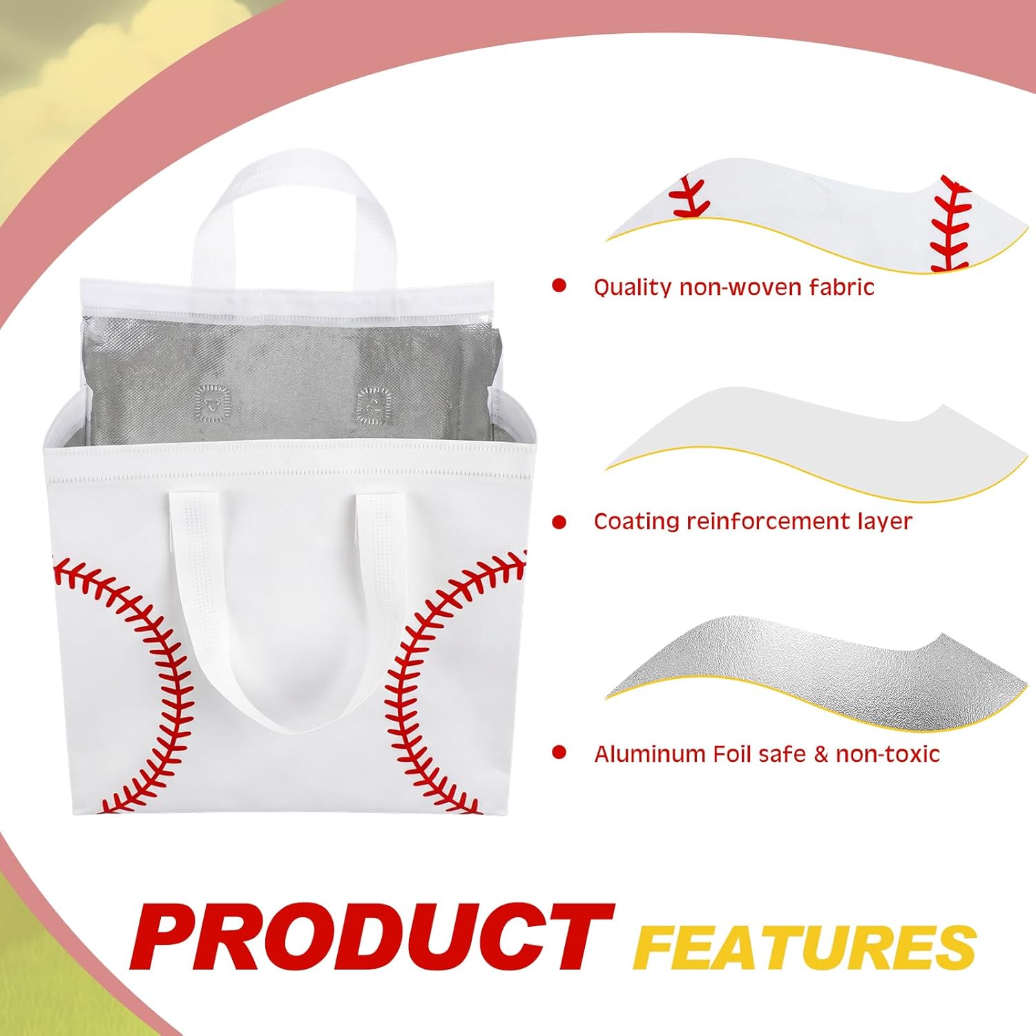 Kacctyen 50 Pcs Baseball Insulated Bags for Food Delivery, Thermal Grocery Take Away Bags for Pizza, Cookie, Cold and Hot Food, Insulated Tote for Baseball Senior Night, Sport Party, 9.5 x 9.5 x 6 in