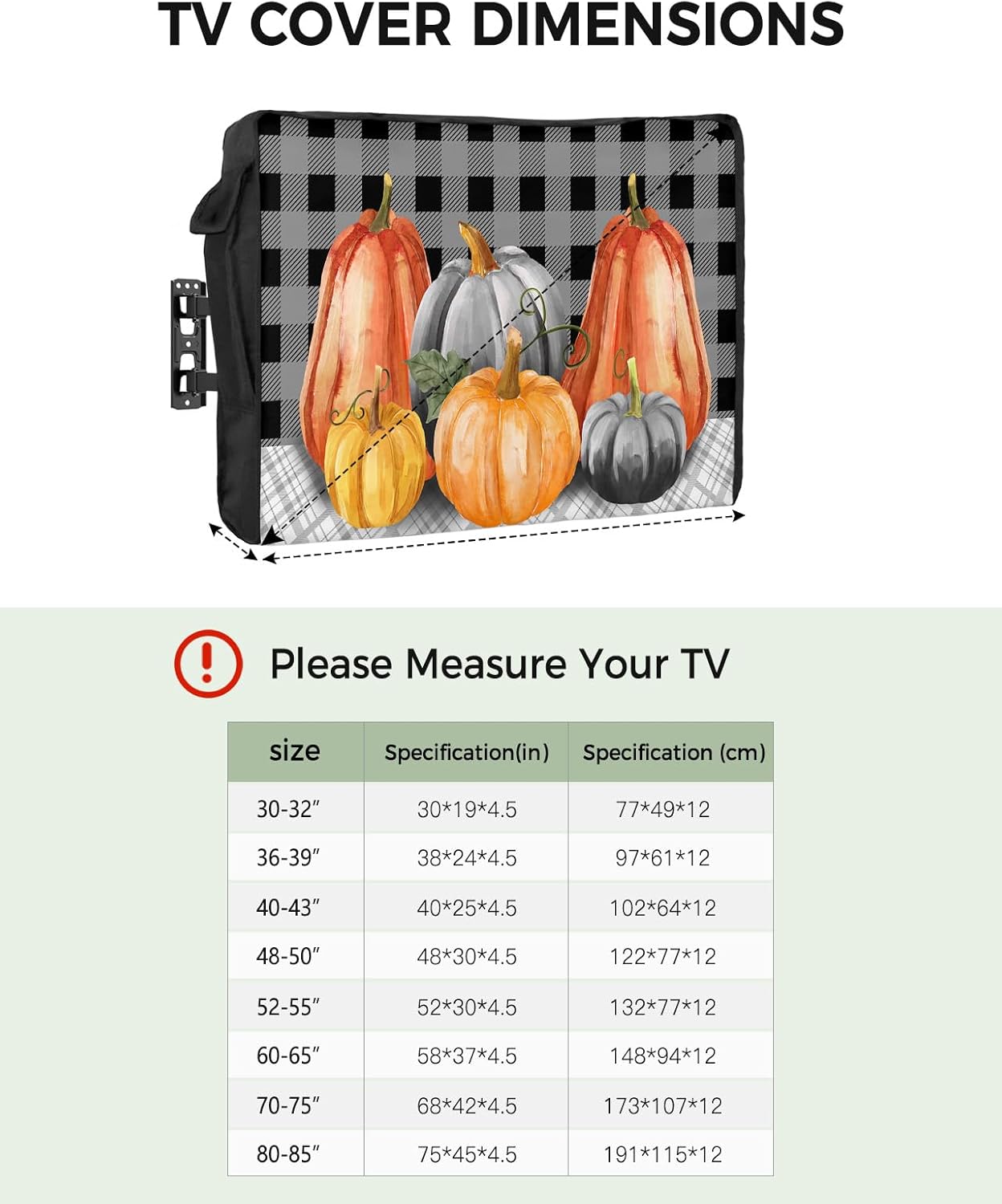 Outdoor TV Cover - Fall Pumpkin Black Gray Lattice Waterproof and Weatherproof 52"-55" LCD Movable Shield TV Display Screen Protector Outside Television Covers