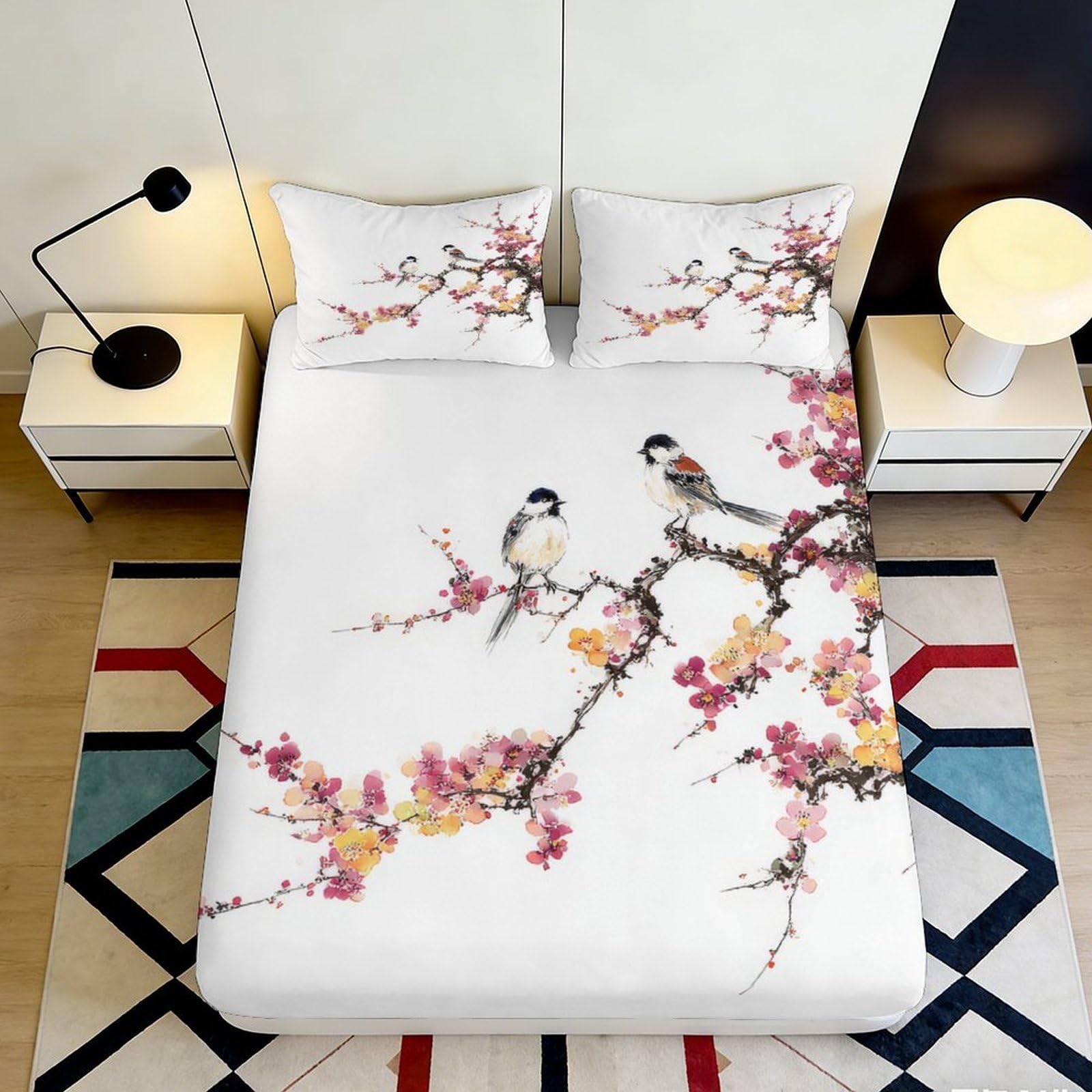 3D Printed Blossom Bird Fitted Sheet Microfiber Soft Slip-Resistant Cherry Branch Bed Cover for Bedroom Guest Room Decor 90x200x25cm