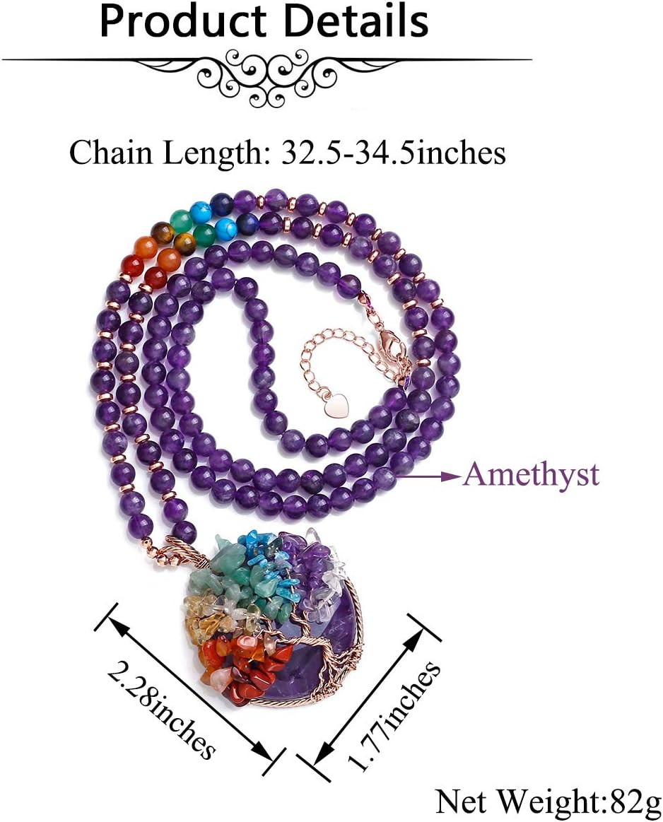 Top Plaza 7 Chakra Healing Crystal Natural Round Gemstone Pendant Necklace Life Tree Copper Wire Wrapped Beads Necklaces Reiki Jewelry for Women - Image 5