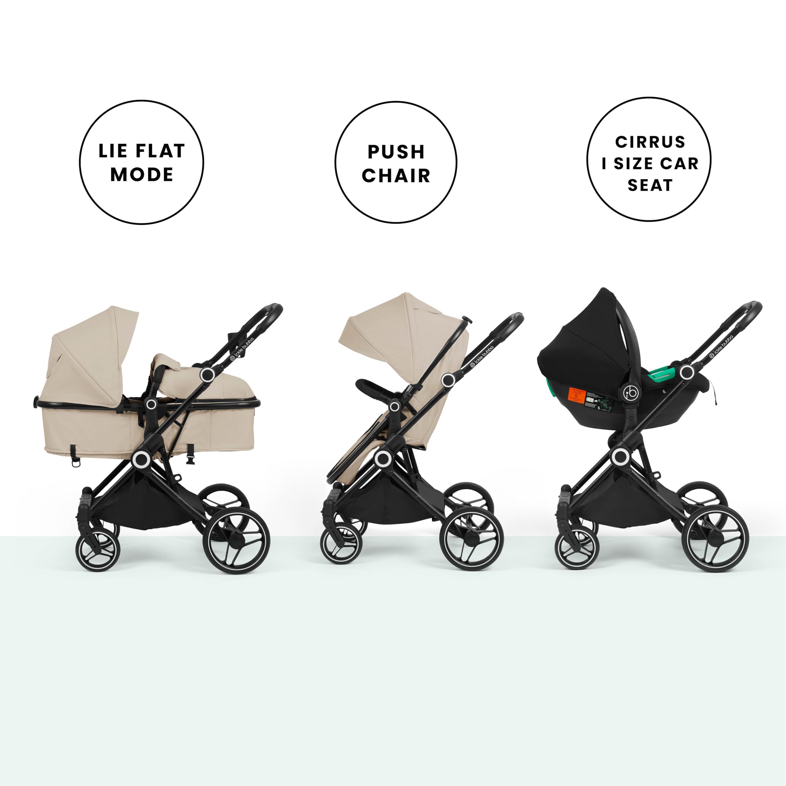 Ickle Bubba Atom All-in-One i-Size Travel System, 3-in-1 Kinderwagen mit Cirrus Autositz & ISOFIX Basis, geeignet von Geburt an bis 22kg, kompakter & leichter Kinderwagen (Stein)
