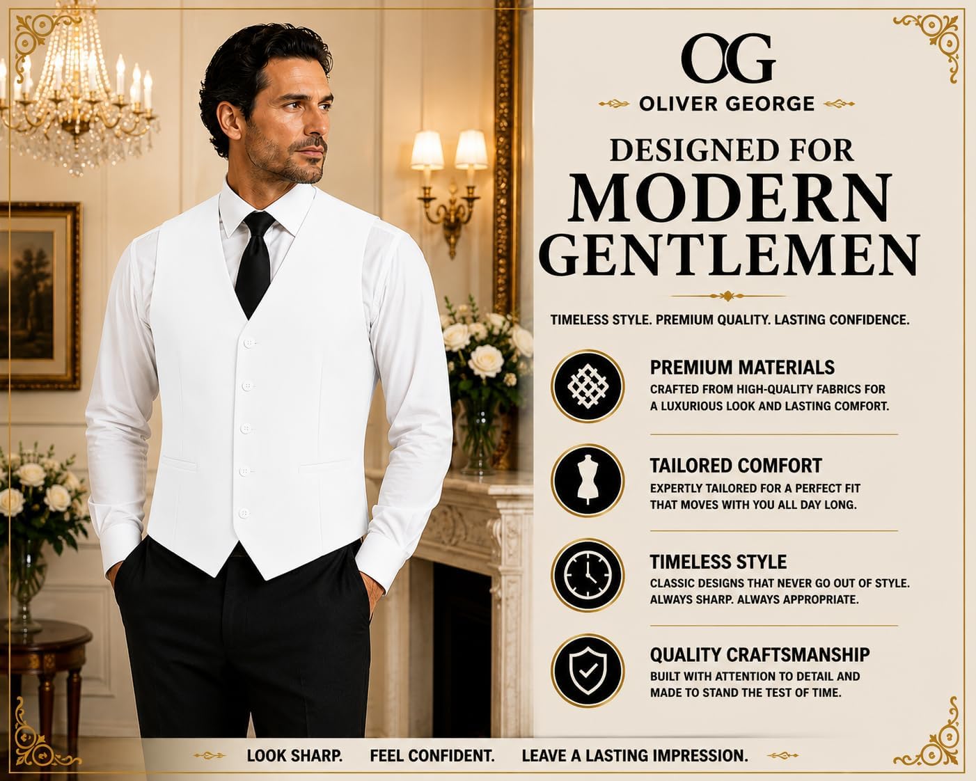 Oliver George Men’s Solid Formal Suit Vest Tuxedo Waistcoat Business Dress Vest For Suit or Tuxedo