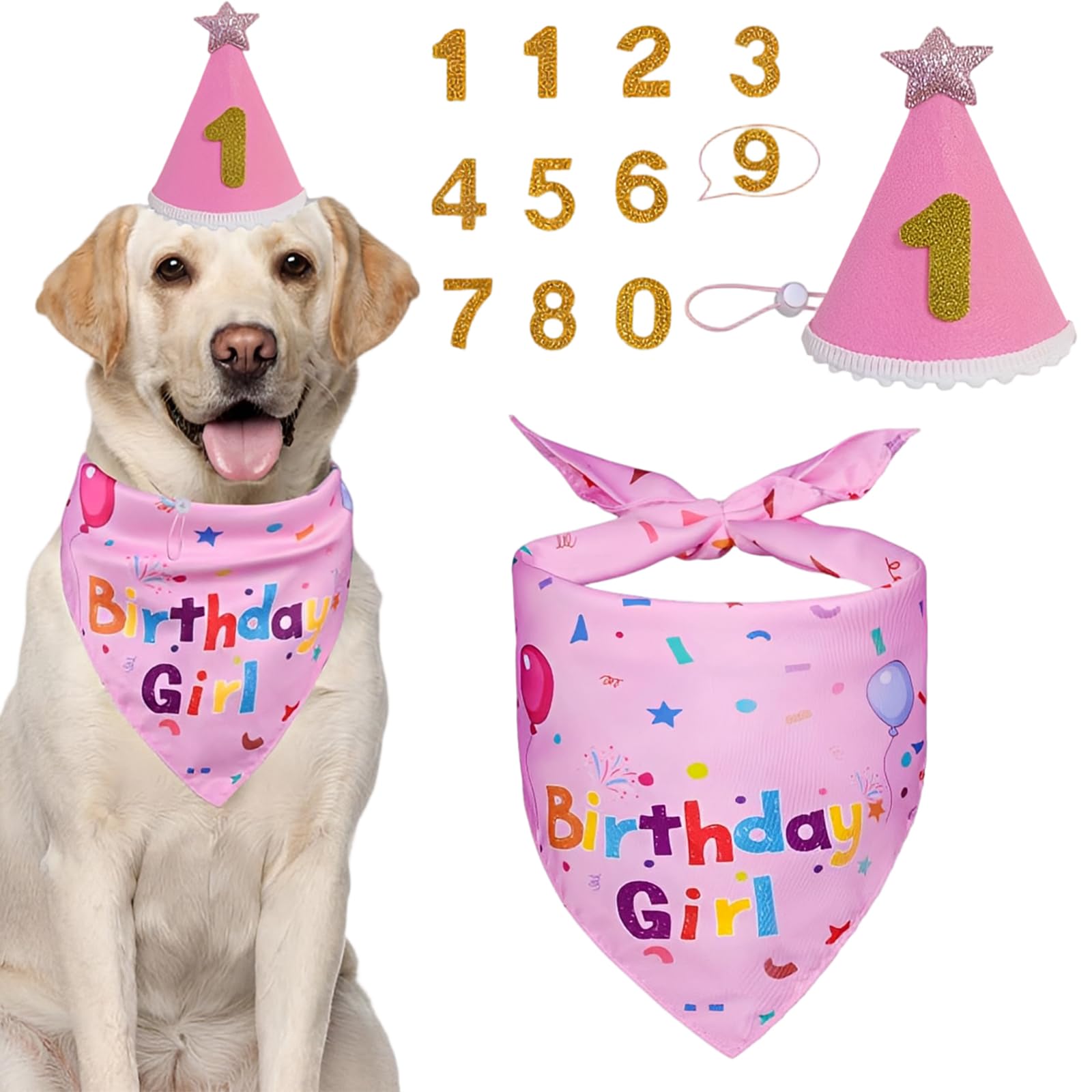Set Compleanno Cane Rosa, Cappello & Bandana Riutilizzabili con Numeri, Abito Accessorio Decorazione per Festa Compleanno Cane Medio e Grande, L