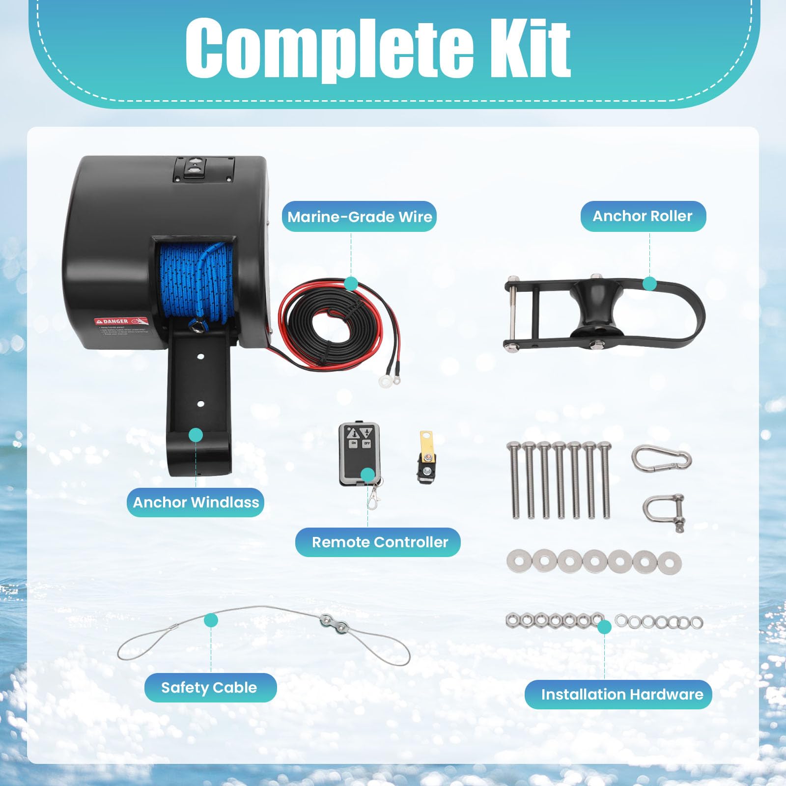 Kit verricello elettrico per ancora da barca da 12 V - Sistema di verricello marino per acqua salata ad alta resistenza con corda da 100 piedi e telecomando per barche da pesca e pontoni da 24 piedi