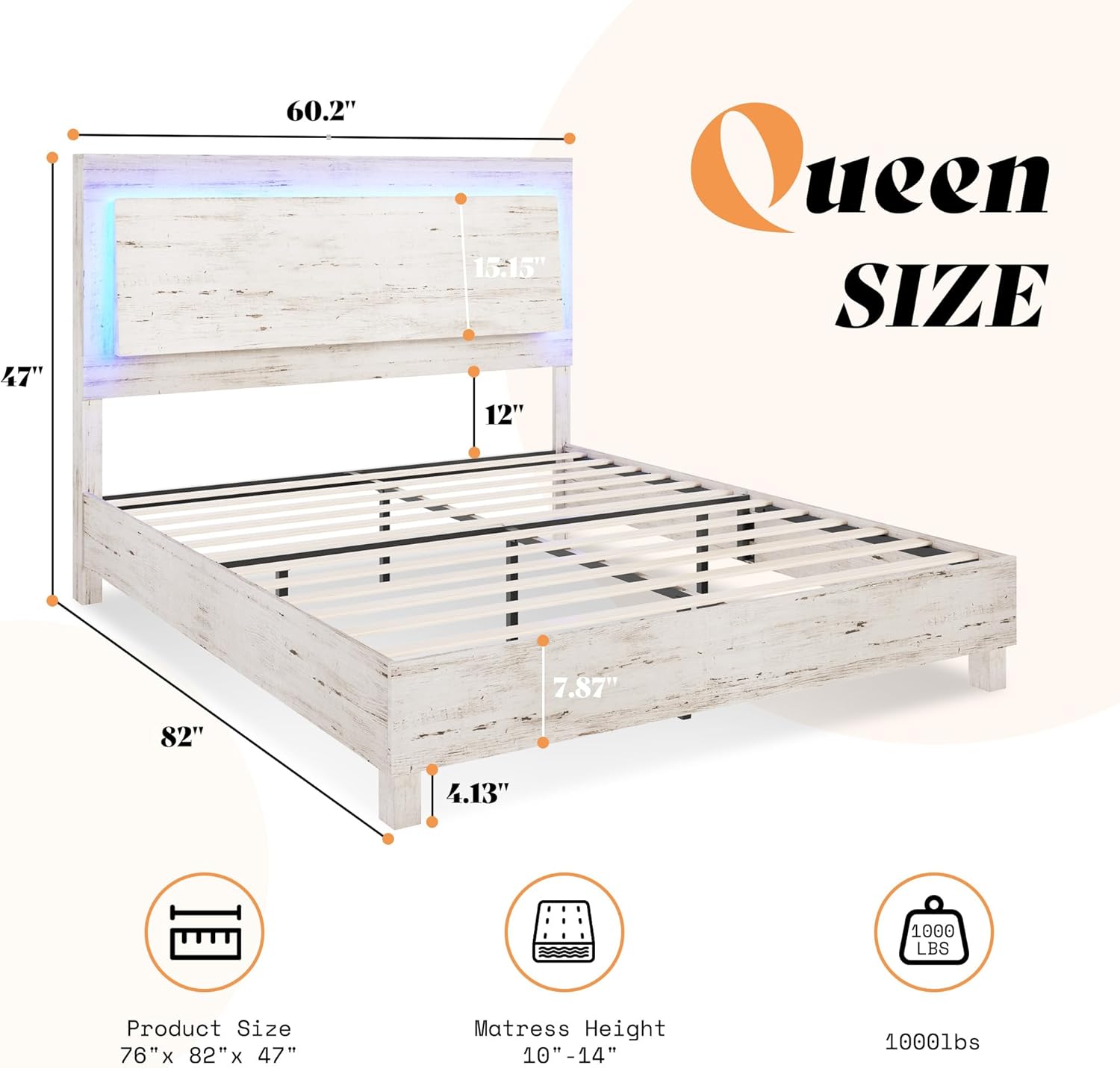 AMERLIFE Wood Queen Bed Frame with 47" Headboard, Rustic Platform Bed with LED Lights, Mattress Foundation with Wooden Slats Support, No Box Spring Needed/Noise Free, Distressed White