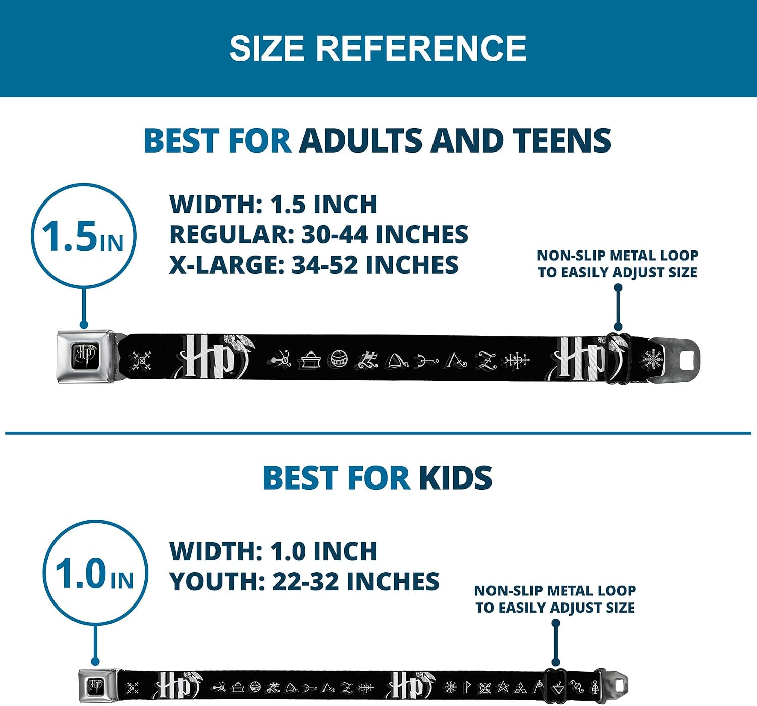 Buckle-Down Seatbelt Belt - Harry Potter Logo/Symbology Black/White - 1.0" Wide - 20-36 Inches in Length