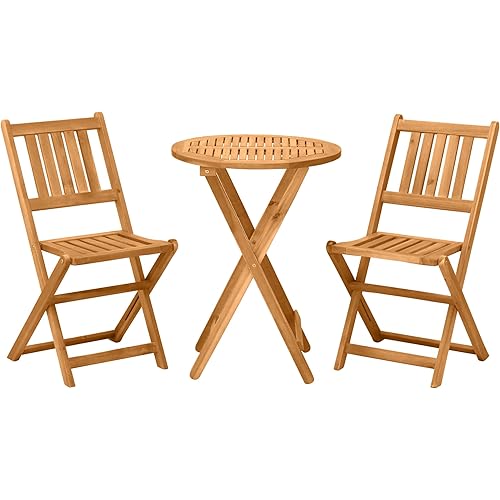 Outsunny 3-Piece Acacia Wood Bistro Set, Folding Patio Furniture with 2 Folding Chairs and Round Coffee Table, Teak, Slatted Finish, for Backyard, Balcony, Deck, Natural