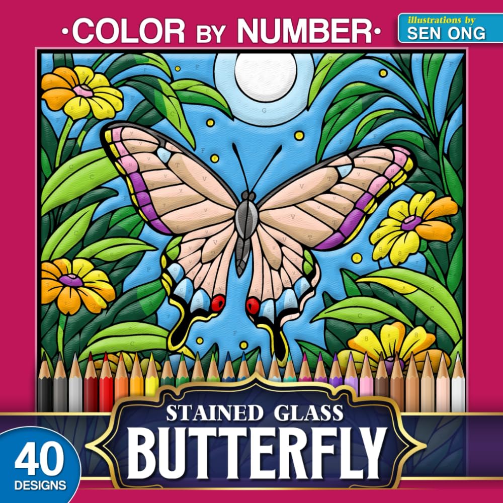 Beautiful Butterflies Stained Glass Color by Number: 40 Intricate Designs for Nature Lovers (Stained Glass Color By Number Collection)