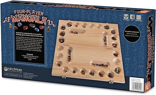 Miniatura 3 de MindWare Juego de mesa Mancala de madera para 4 jugadores con tablero plegable y mudadores de piedra Mancala - 2 a 4 jugadores