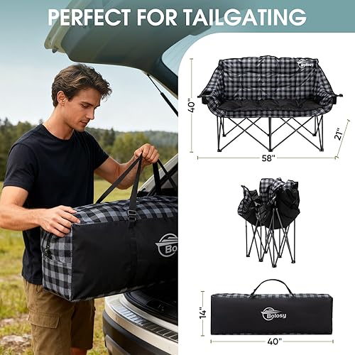 Miniatura 3 de Silla de camping doble acolchada plegable para 2 personas, sillas de césped resistentes, sofá plegable para exteriores