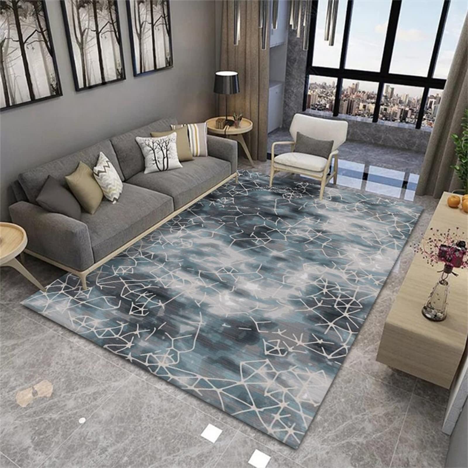 Tapis anti-bruit bleu lavable pour stopper les bruits de pas dans le salon