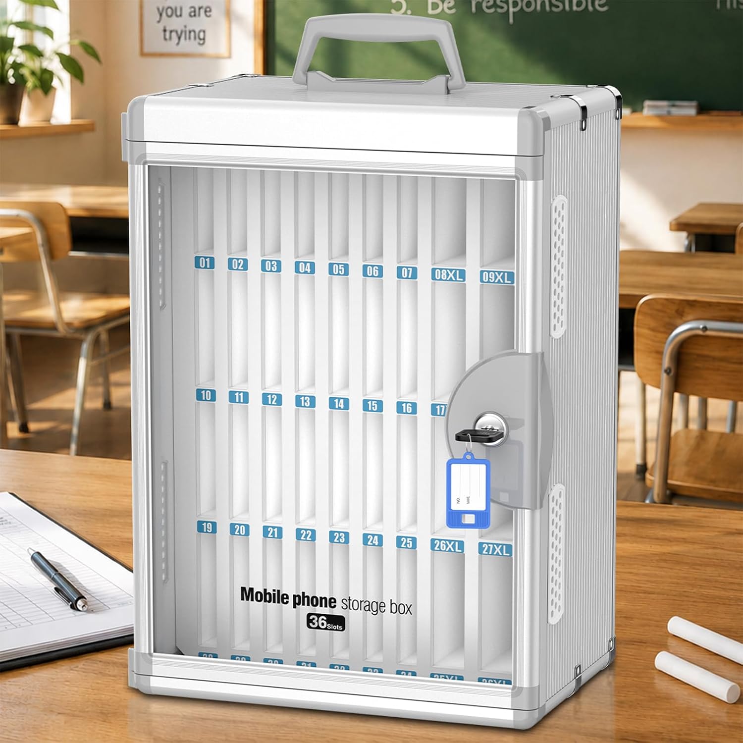 36 Slots Cell Phone Locker, Classroom Phone Storage Cabinet with Key, 【Wall Mounted】 【Aluminum Alloy】 Phone Lock Box, Mobile Phone Lockbox with Handle for School Office Exam(Silver)