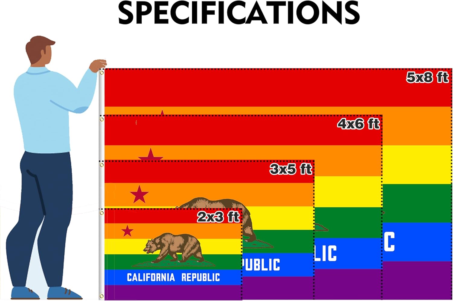 California State Pride Rainbow Flag 3x5ft Double Sided 3 Ply CA State Pride Flag LGBTQ+ Gay Banner Vivid Color Polyester With 2 Brass Grommets For Pride Month Events Parades Party Decor