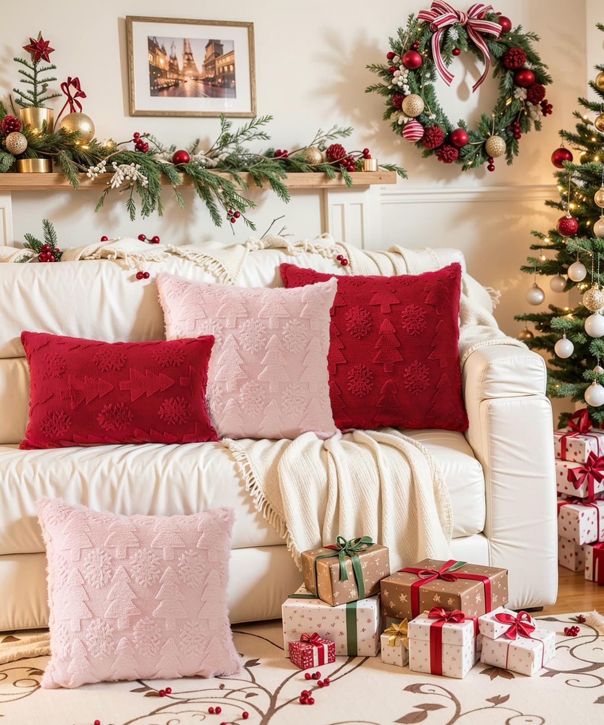 Christmas Pillow Covers 18x18 inch Set of 2,Christmas Tree Faux Fur Luxury Throw Pillow Covers Pink Cute Soft Plush Pillow Case for Cough Sofa Holiday Festivals Winter Home Decor - Image 5