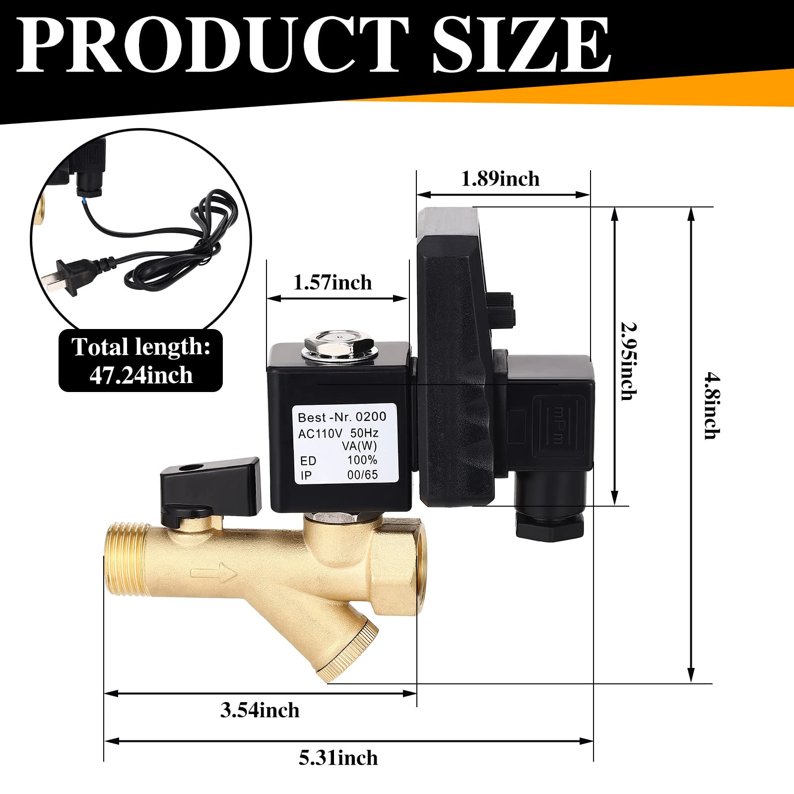 Electronic Drain Valve and Tank Drain Valve Assembly Kit with Braided Steel Hose 1/4 Inch NPT Drain Valve Elbow Fitting and AC 110V 1/2" Automatic Timed Water Tank (Integrated,6 Pcs)