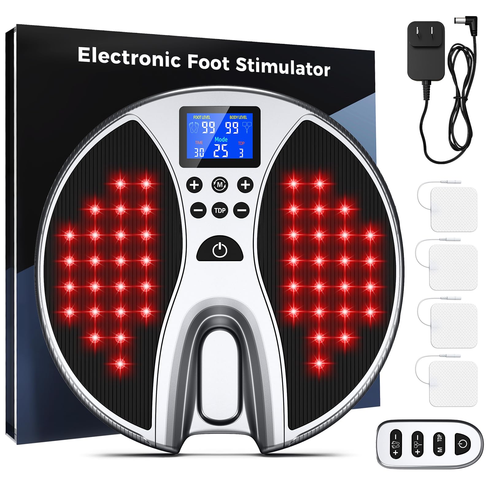 Durchblutungs-Stimulator Füße Beine, EMS Fußmassagegerät mit Rotlichttherapie 25 Modi und 99 Intensitäten zur Verbesserung der Durchblutung, Elektrische FußMassagegeräte mit TENS Elektrodenpads