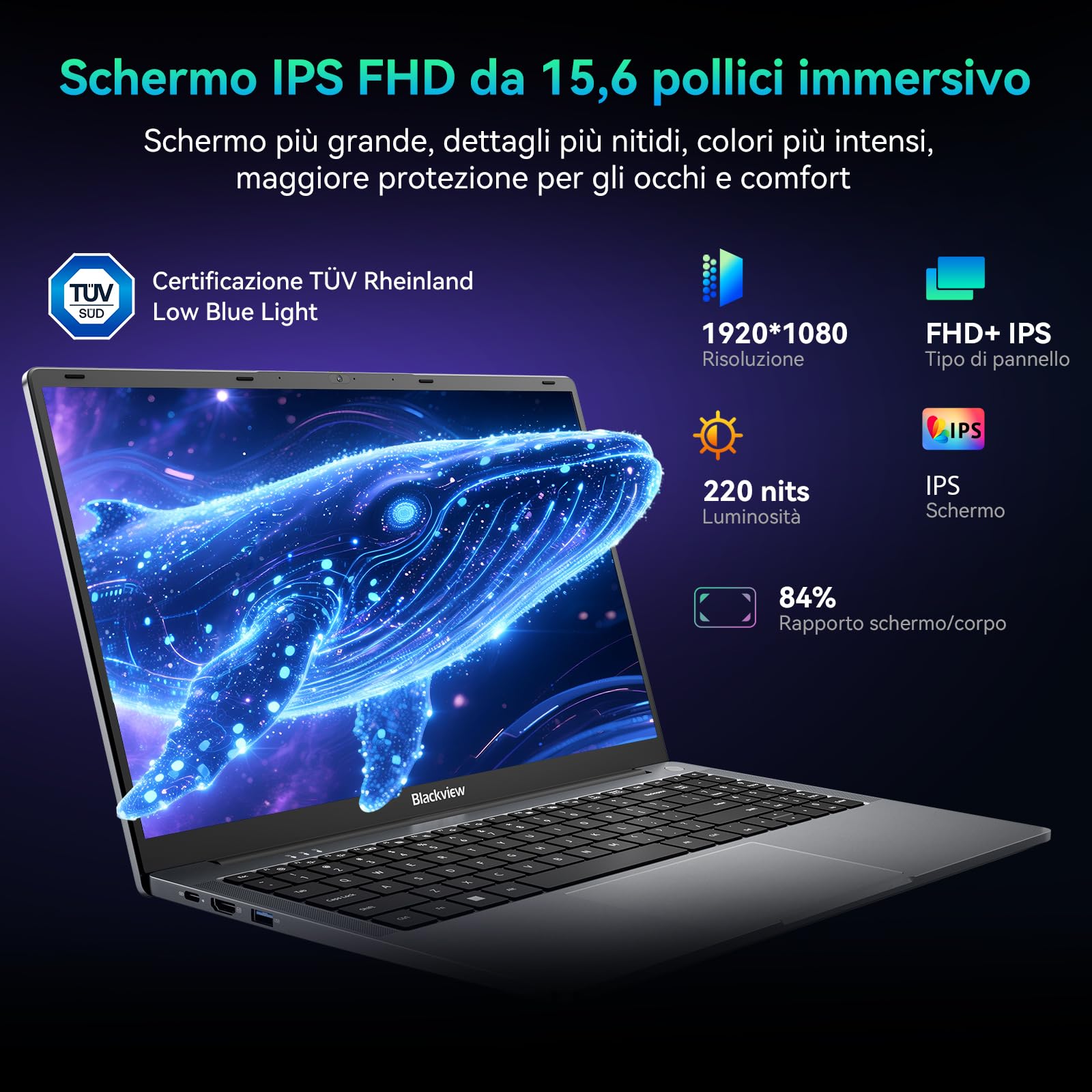Blackview Acebook 6 Notebook 15,6" FHD PC Portatile Quad-Core N150 (meglio di N95), 16GB DDR4 + 256GB M.2 SSD, HDMI 4K, Ricarica 100W Tipo-C, Bluetooth, Wi-Fi 5