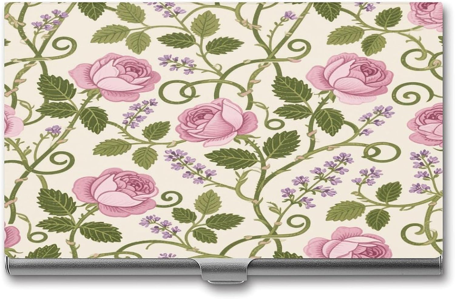 Floral Herbs Botanical Pattern Print Business Card Holder Metal Business Cards Case with Buckle Style Shut Pocket Travel Name Cards Holder Wallet Portable Business Card Carrier for Gift