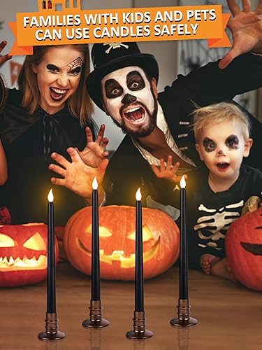 Miniatura 3 de Paquete de 6 velas negras de Halloween, velas LED sin llama con bases, llama parpadeante, velas altas cónicas que funcionan con pilas, velas sin