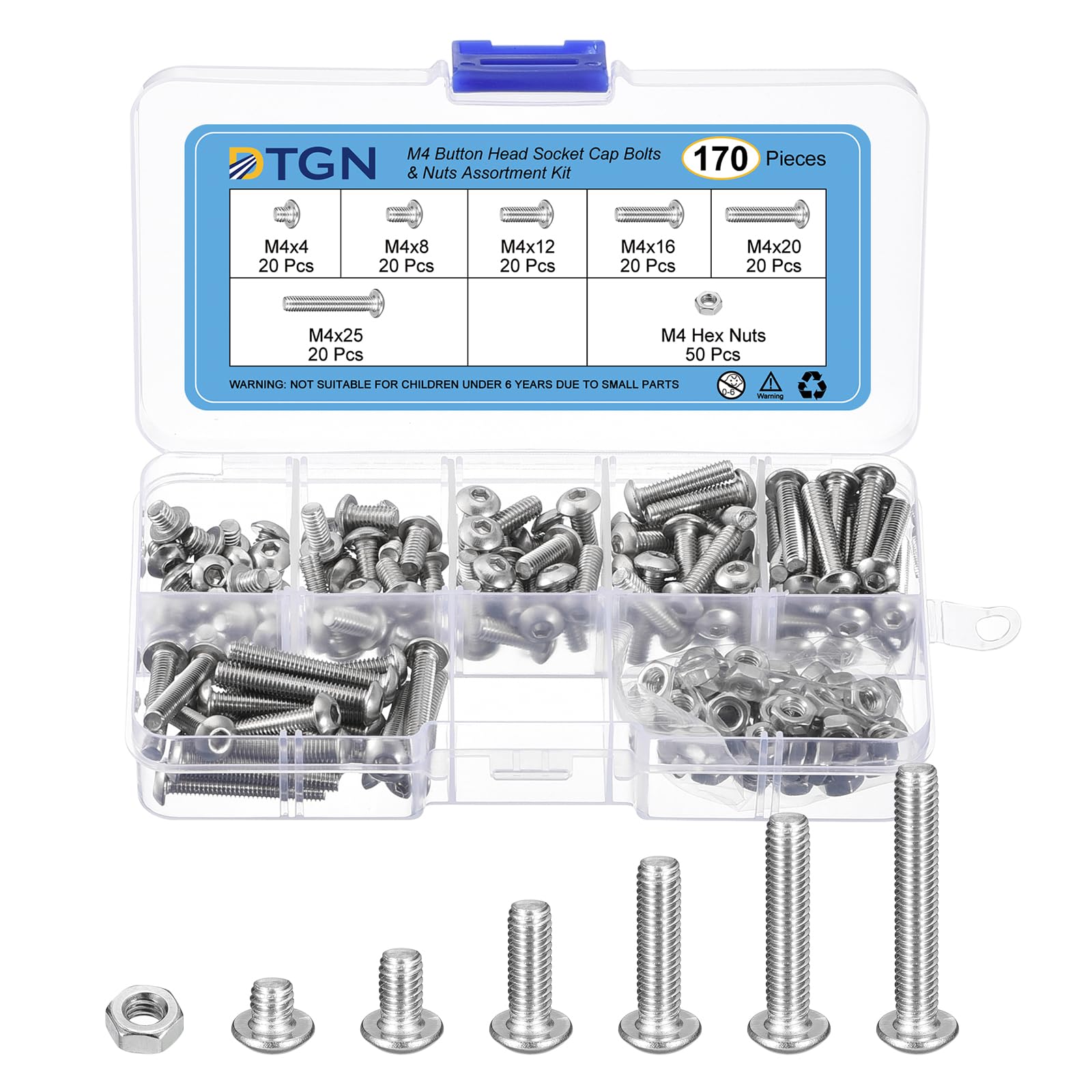DTGN 170Pack M4(D) Button Head Socket Cap Screws Nuts Kit, 4/8/12/16/20/25mm(L) Hex Socket Cap Bolt Nut Assortment