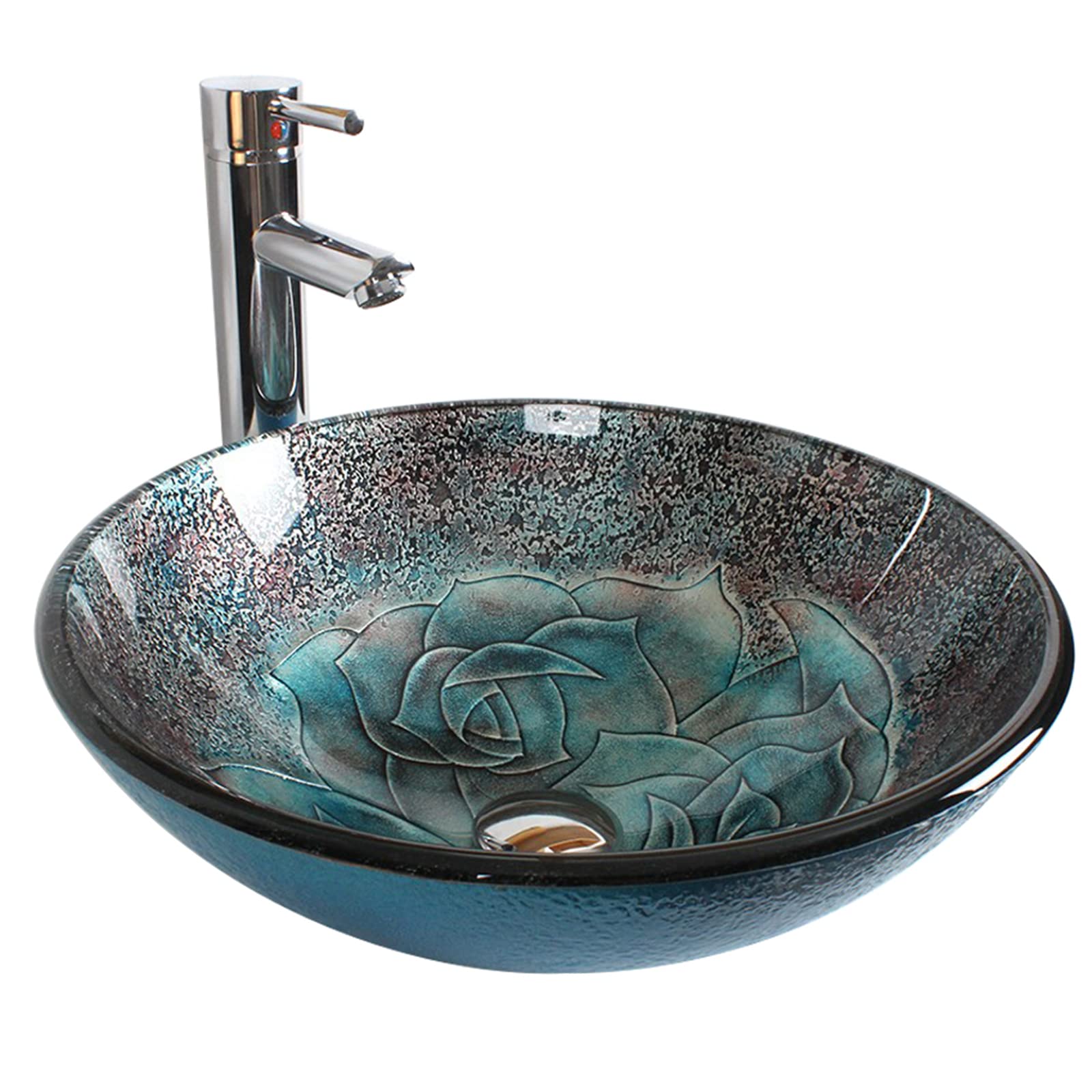 ASerZenith Bathroom Vessel Sink,16.5" Tempered Glass Bathroom Sink,Blue Flower Design Basin Bowl Vessel Sinks With Chrome Faucet And Chrome Pop-Up Drain