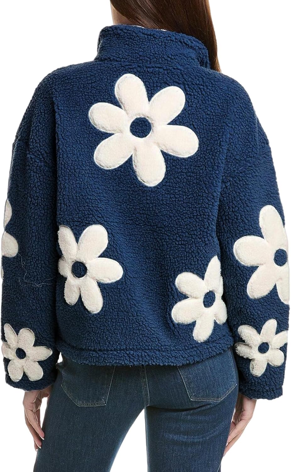 HOULENGS Women's Floral Print Sherpa Fleece Jackets Casual Long Sleeve Zipper Cropped Coat Winter Outwear with Pockets - Image 2