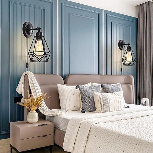 Miniatura 5 de Aplique de pared enchufable, apliques industriales, lámpara de pared vintage con cable de enchufe, aplique negro rústico, interruptor de