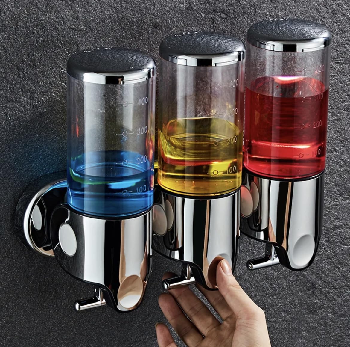 Blue Coral Shampoo and Soap Liquid Dispenser (1/2-Pack) Triple 500ml x 3 Transparent Liquid Dispenser Container Wall-Mount Bathroom Shampoo Dispenser (1-Pack)