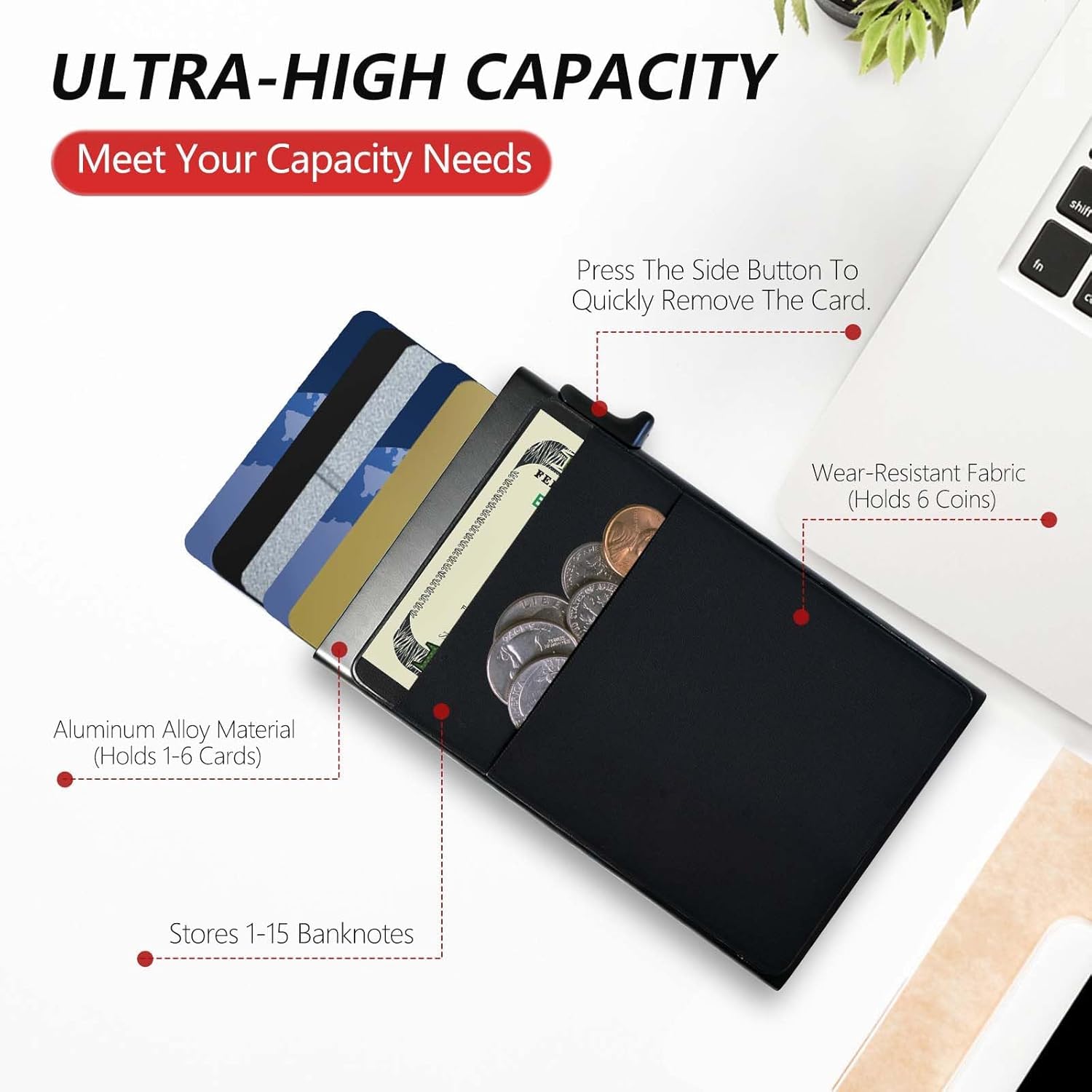 Slim Wallet for Men, Pop up Card Holder with Money Pocket RFID Blocking, Minimalist Business Aluminum Credit Card Wallet Case for Notes and Coins and Debit Cards (BLACK) - Image 2