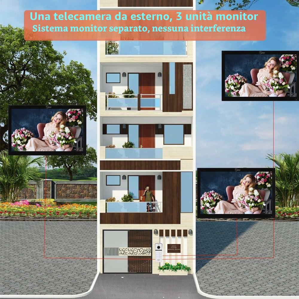 Sistema di campanello video cablato 3 unità 10 pollici monitor video citofono supporto sorveglianza, 3 in1 sblocco per casa villa (campanello nero + schermo nero)