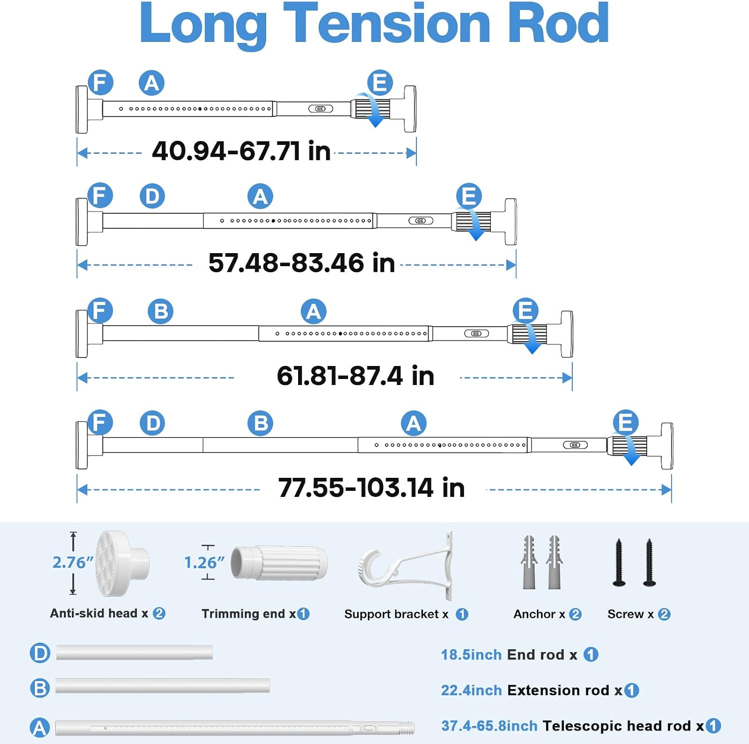 Long Tension Rod 41-103inch White Tension Curtain Rods no Drilling