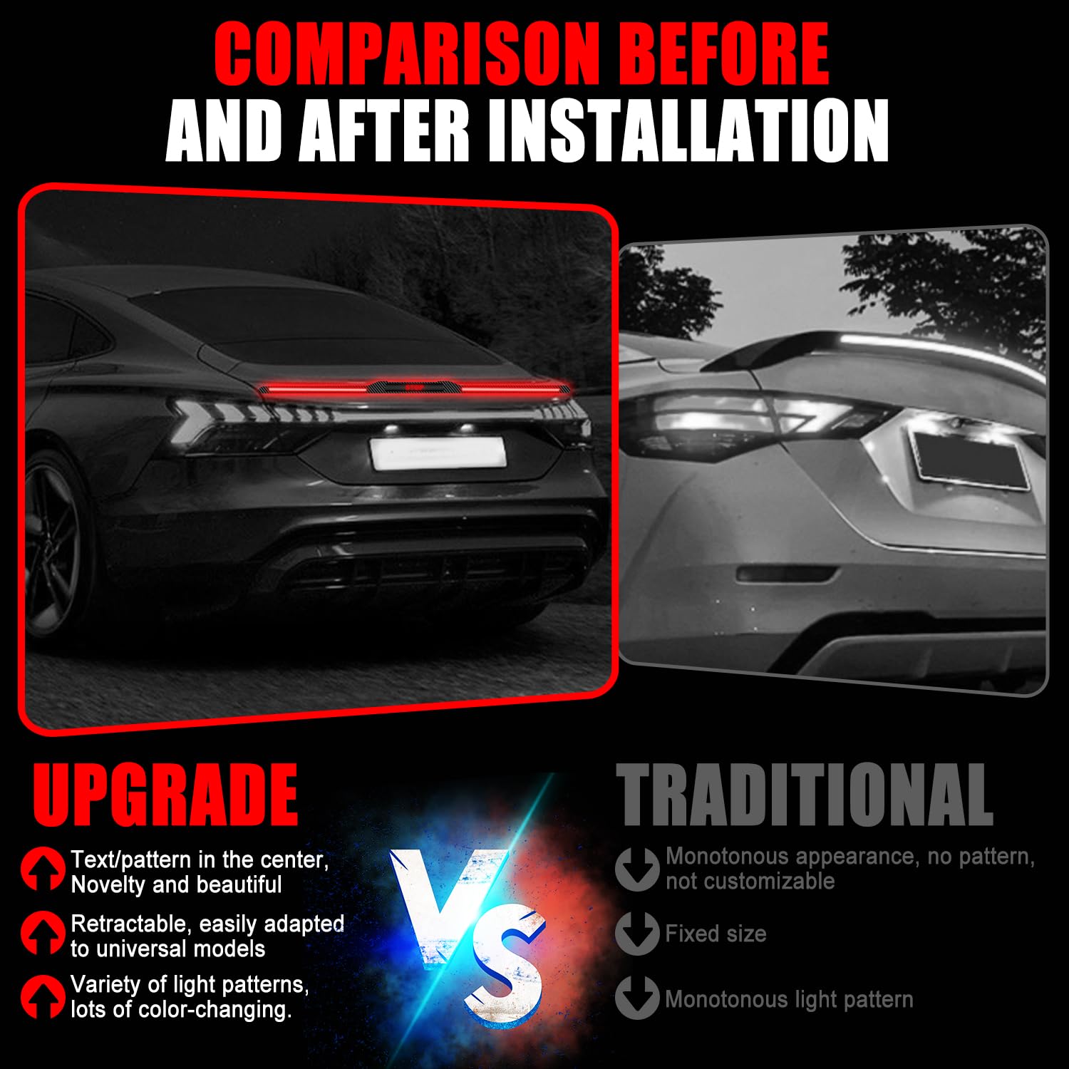 Car spoiler brake light strip Universal Car spoiler led light Exterior, 50inch three-stage rear led brake light spoiler lip kit,Third brake light strip with Brake Turn Running Signal (Standard STOP)