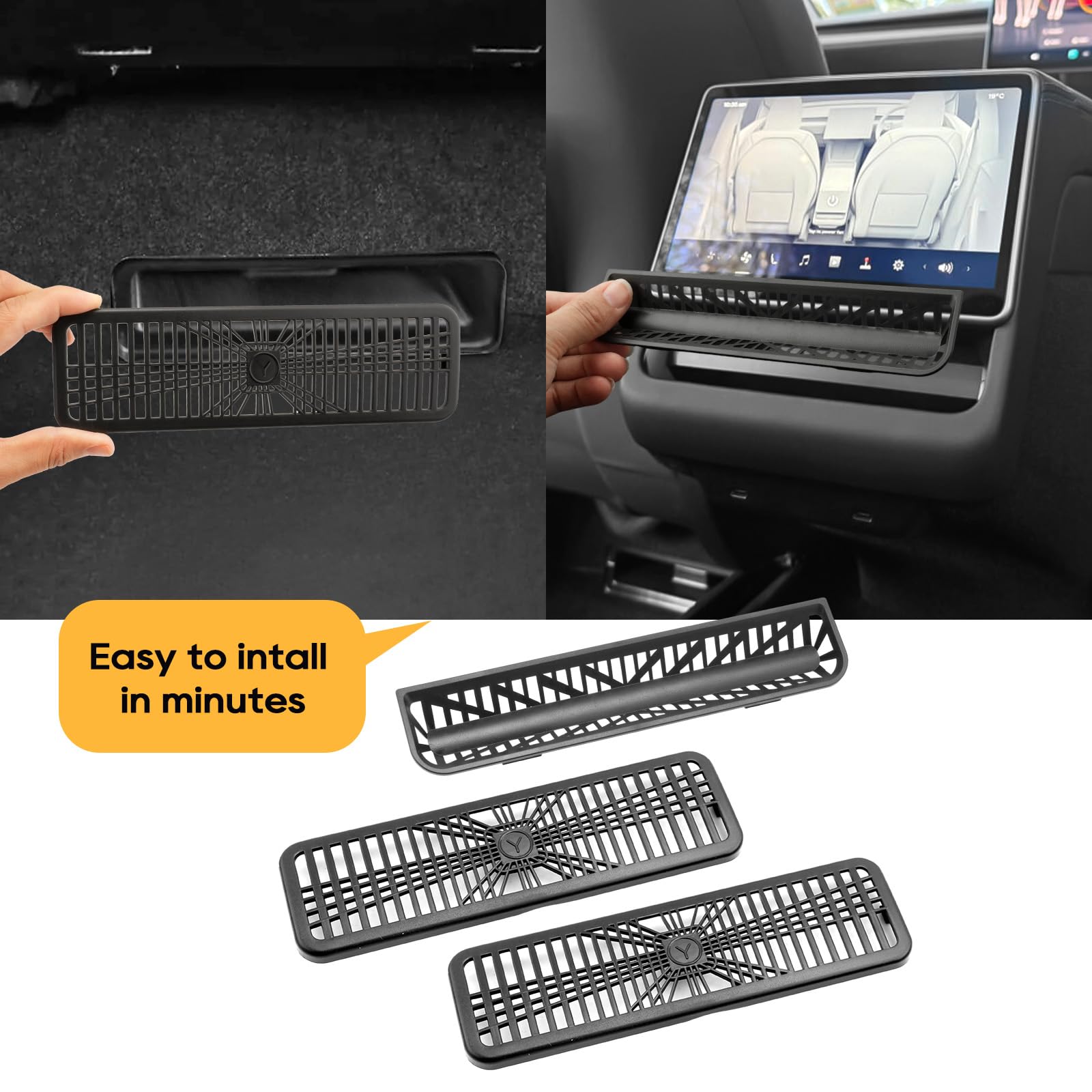 Set di 3 griglie di ventilazione YEE PIN per Tesla Model Y Juniper 2025 2026, protezione per aria condizionata posteriore ed bocchette d'aria sotto il sedile, accessorio Model Y per evitare corpi
