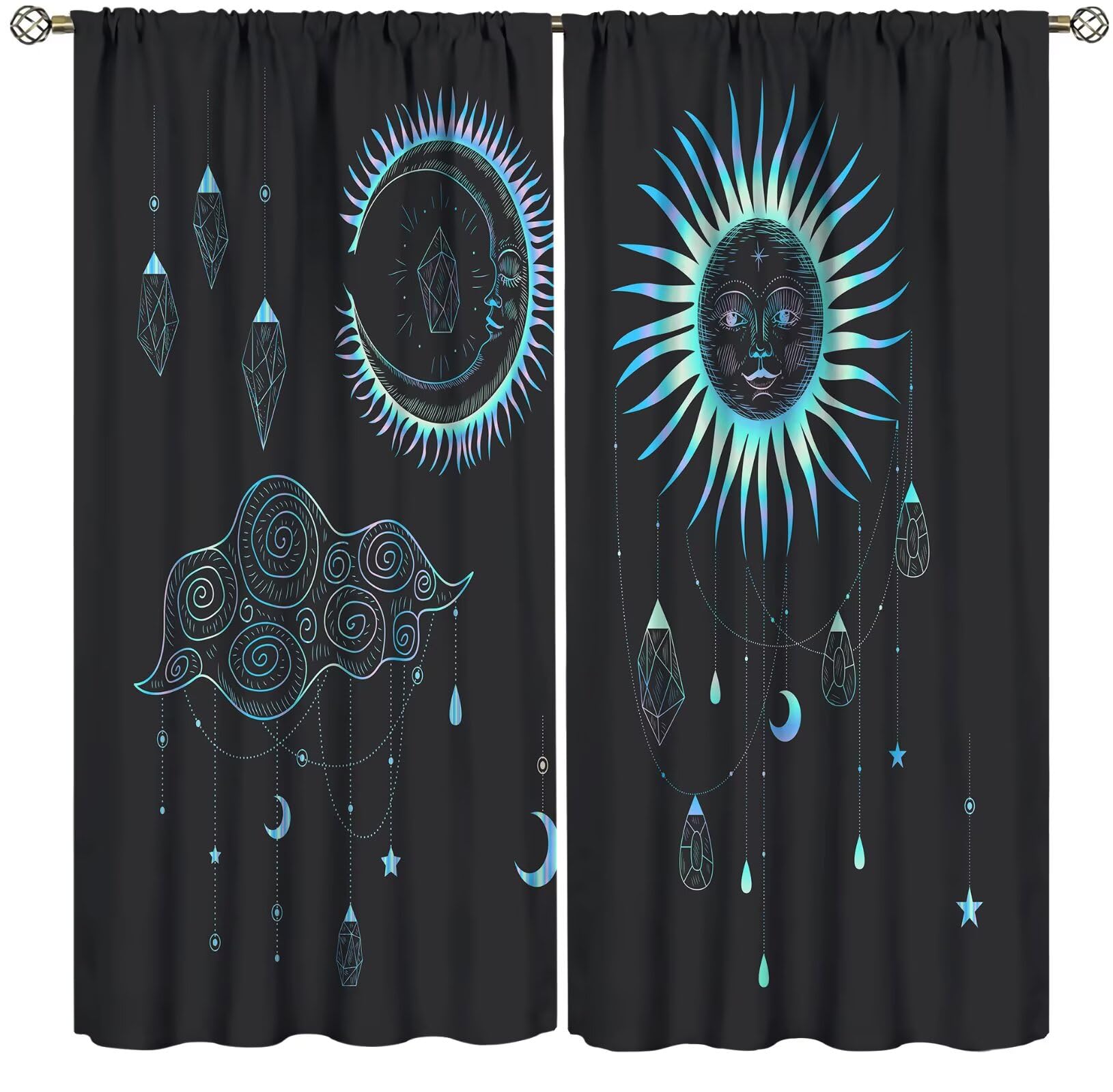 Sun Moon Mandala Window Curtains Bohemian Curtains for Bedroom, Boho Hippie Window Drapes for Kids Boys Girls Teens Living Room, Tribal Exotic Floral Window Treatments Curtains 42x45 Inch