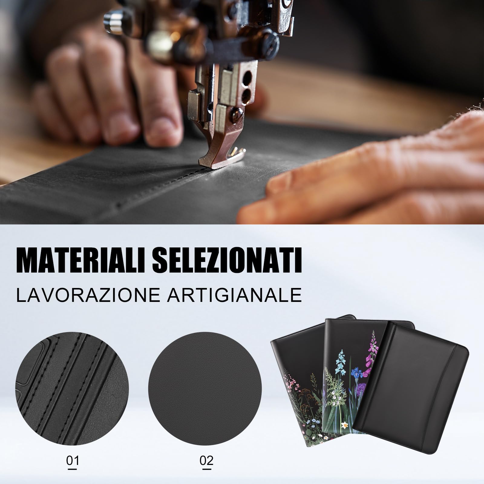 Leathario Cartella portadocumenti A4 pelle vegana organizer con cerniera Nero