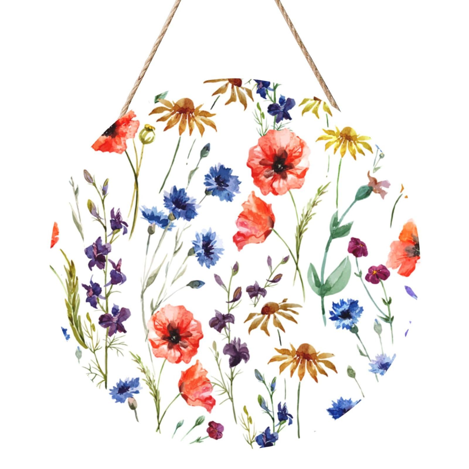 InOmak Wild Flower Poppy Chrysanthemum Daisies, Round Wood Panel Painting 12 in, Wall Hanging Painting For Home