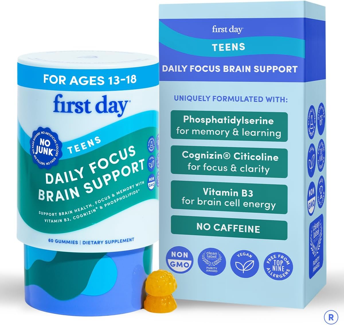FIRST DAY Teen Brain & Focus Supplement Gummies Ages 13–18 | Study & Concentration Support with Cognizin® Citicoline & Phosphatidylserine | Vegan, Non-GMO, Caffeine-Free | 30-Day Supply