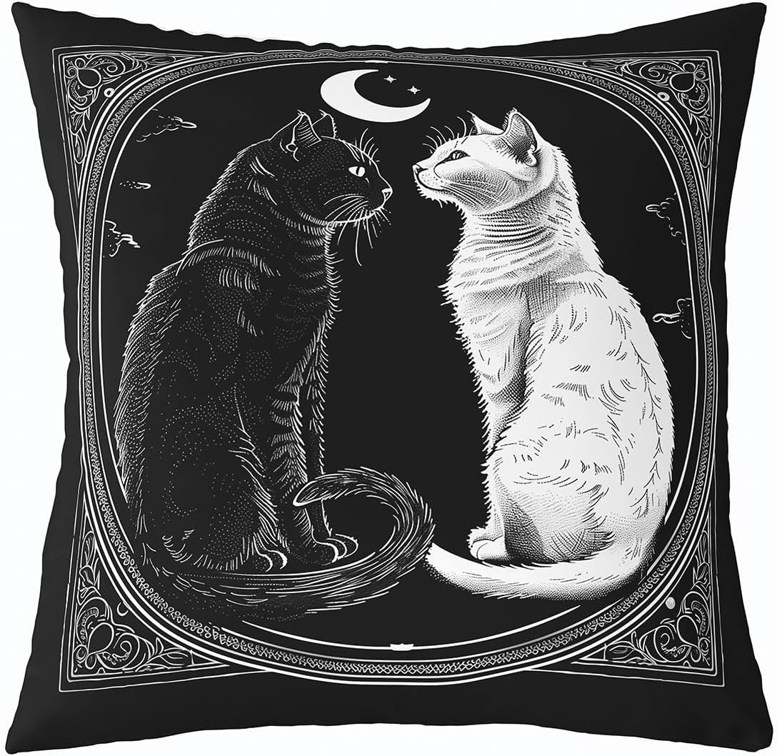 Black White Cats Pillow Cover 24x24 Inch Simple Geometric Circles Plaid Decor Pillow Case for Kids Teens Adults Crescent Moon Stars Halloween Exotic Cushion Cover for Living Room