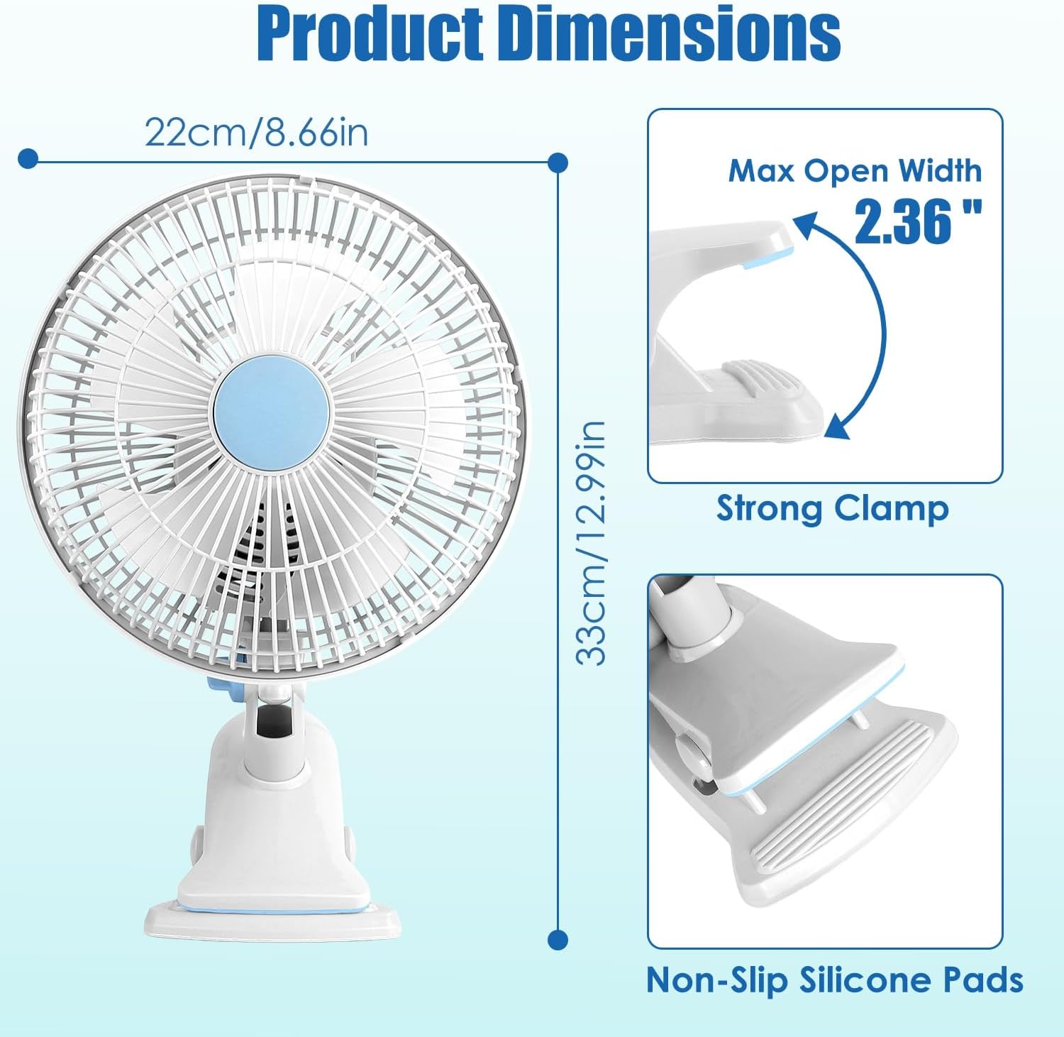 Clip On Fan with 2 Speeds, 90° Oscillating Small Fan for Bed Desk, Portable Clip Fan Plug in for Office Bedroom, Wall Hanging, Speeds Low Noise for Daily Use