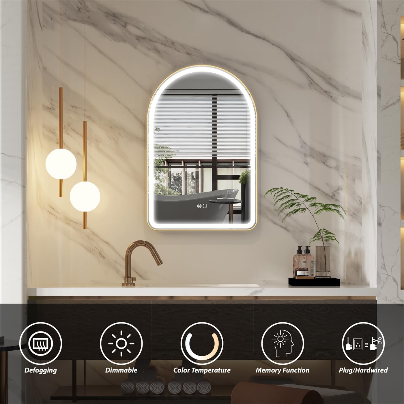 WELLFOR 24 x 36 Inch Arched Lighted Vanity Mirror, Wall-Mounted Framed Led Mirror, Lighted Mirror with Wider LED Light Frost Area Includes Dimmer Defogger (Brushed Gold)