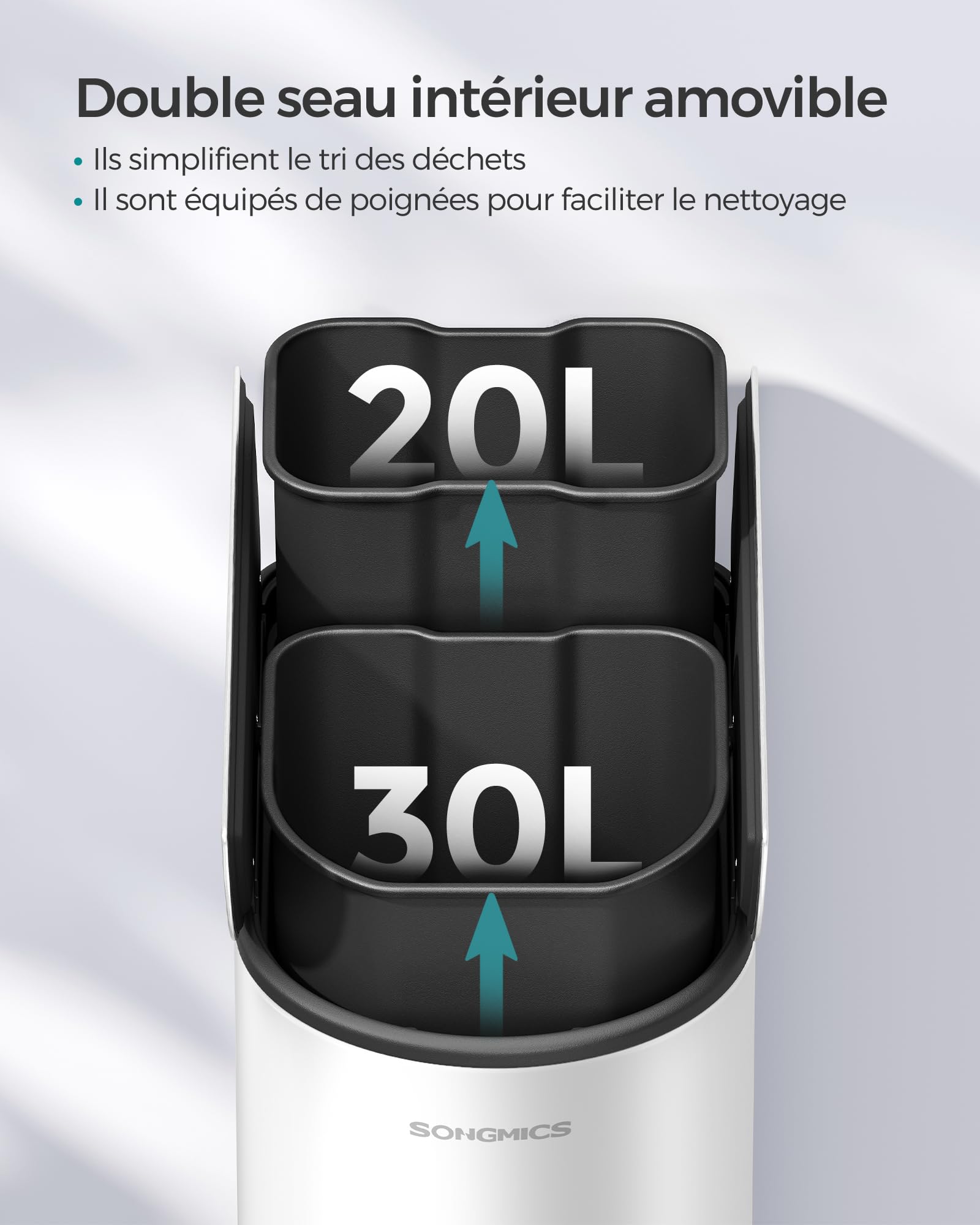 SONGMICS Poubelle de Cuisine Double, 30L et 20L, Poubelle Mince 2 Compartiments pour Tri et Recyclage des Déchets, avec Pédale et Couvercles Ailles, Blanc Nuage et Argent Métallique LTB570W02