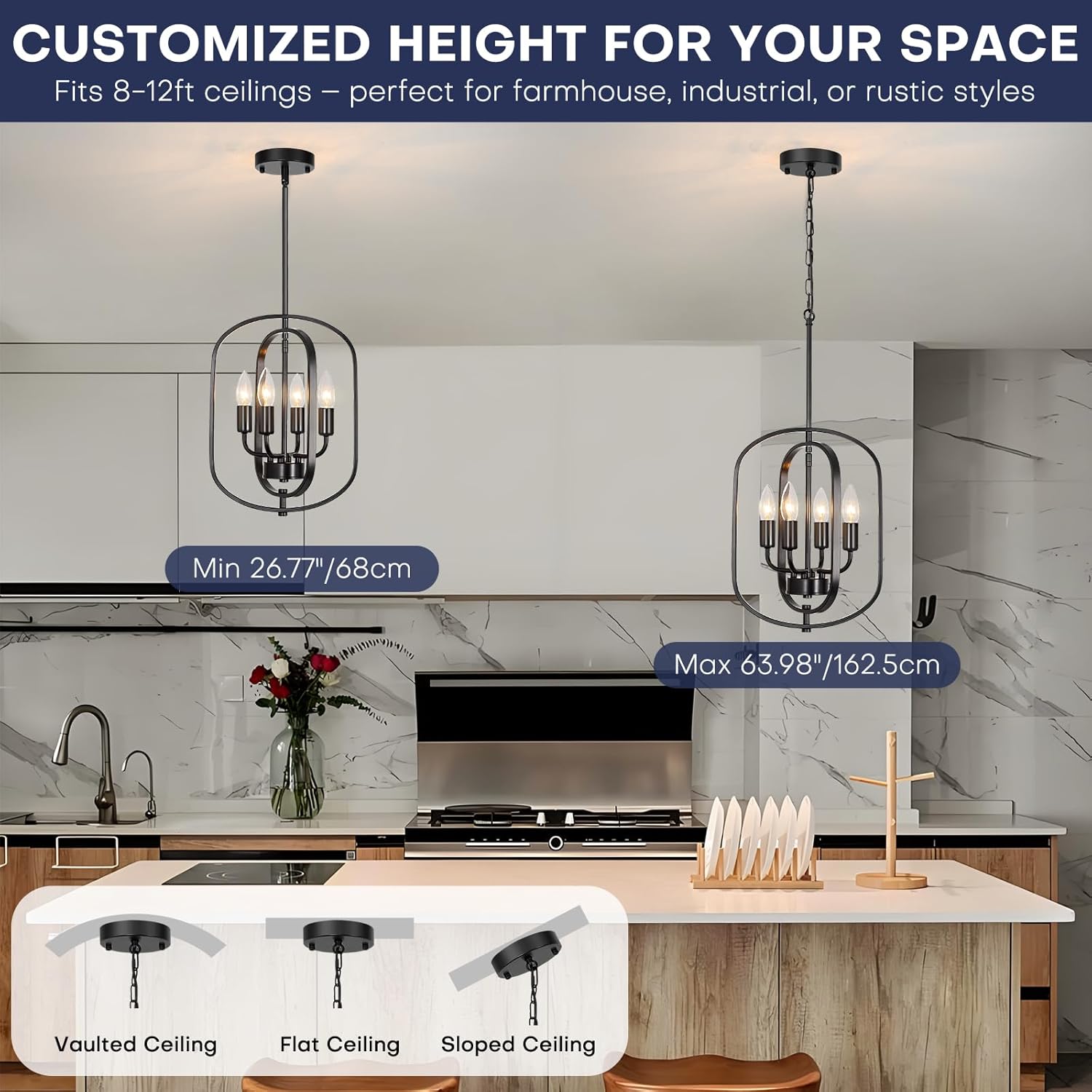 12.2" Modern Farmhouse Chandelier, 4-Light Black Industrial Pendant Light with Adjustable Height, Small Geometric Hanging Chandelier for Dining Room Kitchen Living Room Bedroom Foyer Hallway Lighting