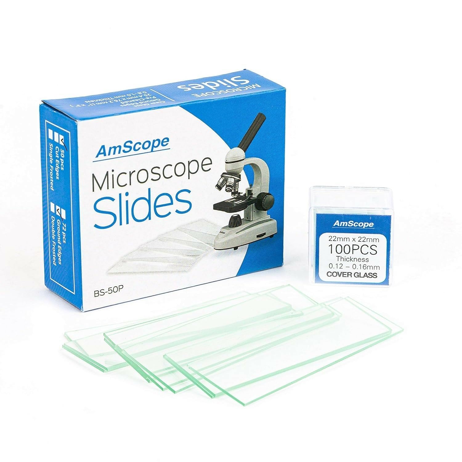 Amscope Lot de 50 lames vierges et pré-​nettoyées pour microscope avec 100 lamelles 22 x 22 mm