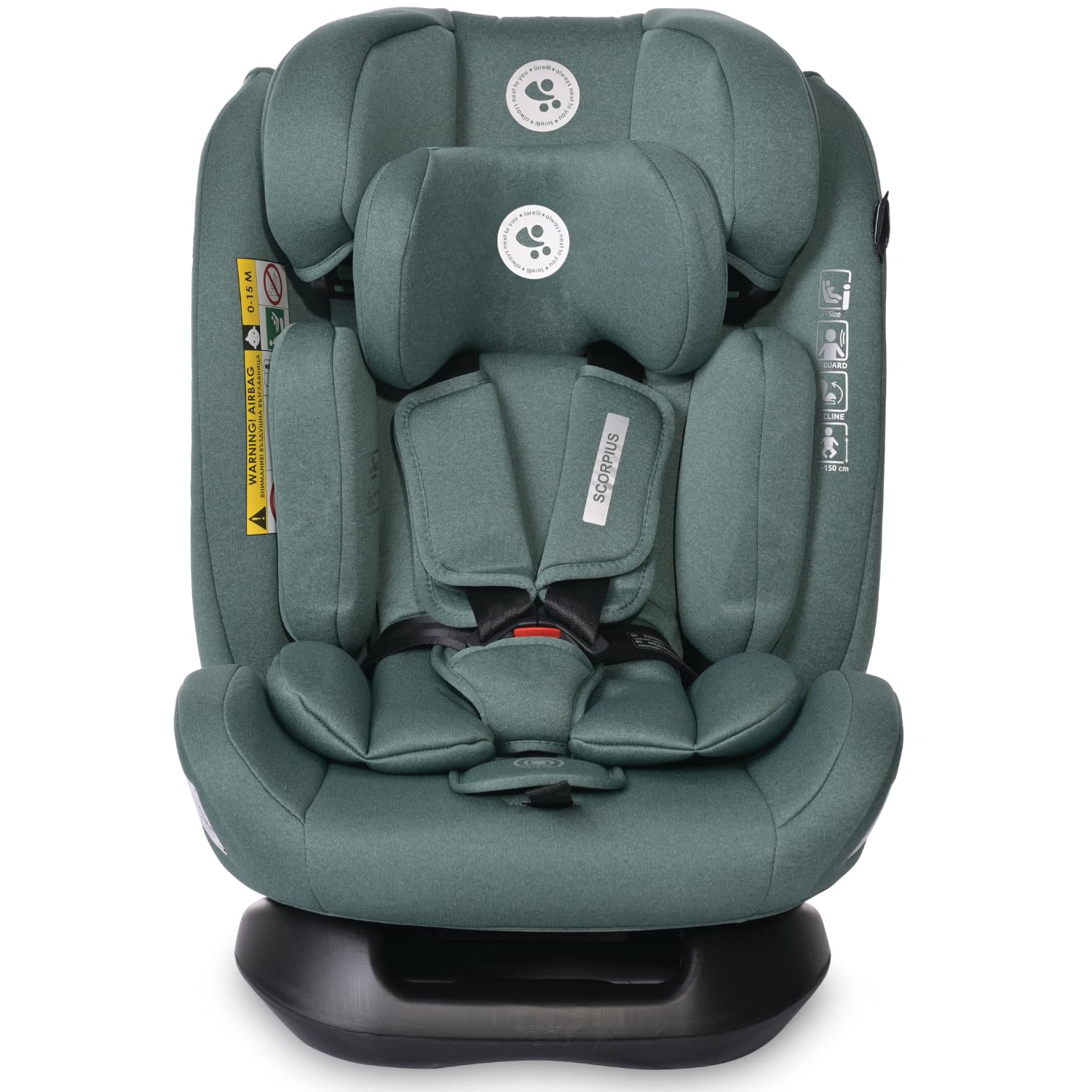 Lorelli Auto Kindersitz Scorpius i-Size, mitwachsender Autositz für Kinder von 40-150 cm, Babysitz, Autokindersitz ab Geburt bis 12 Jahre, Einstellbare Kopfstütze, 5-Punkt-Sicherheitsgurt, grün