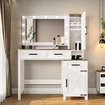 Makeup Vanity, Farmhouse Vanity with Square Mirror & Tricolor Lighting Adjustment, 43 Fashion Makeup Desk with Two Spacious Drawers, Side Storage Cabinet & Built-in Charging Station, White