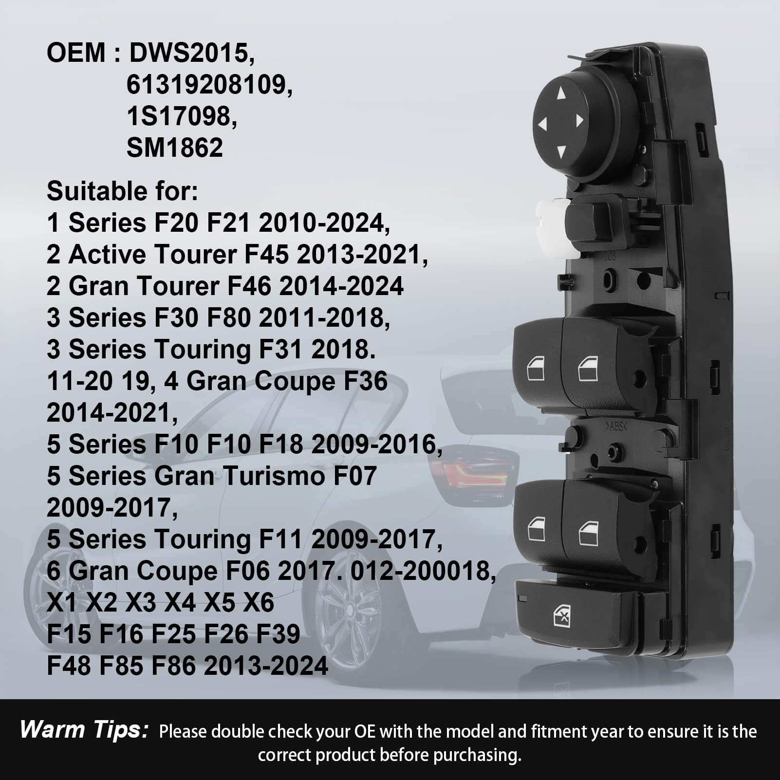 Interrupteur maître de lève-vitre électrique à 9 broches, compatible avec X3 F25 (2010-2017), X1 F48 (2014-2024), avant gauche, côté conducteur #DWS2015 61319208109, 1S17098, SM. 1862