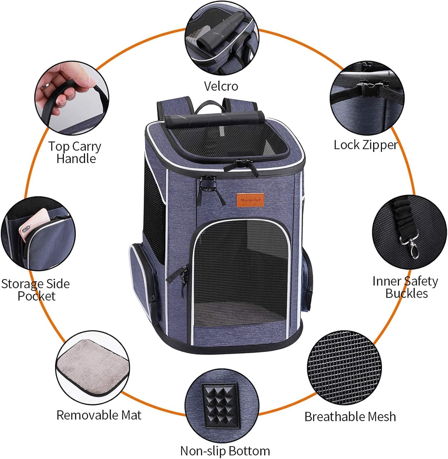 morpilot Mochila Transportín Perro, Mochila Transportín Gato Bien Ventilado con Correa de Seguridad Interior, Bolsa de Transporte para Para Gatos y Perros Pequeños Azul (32 x28 x42cm) + Tazón Plegable