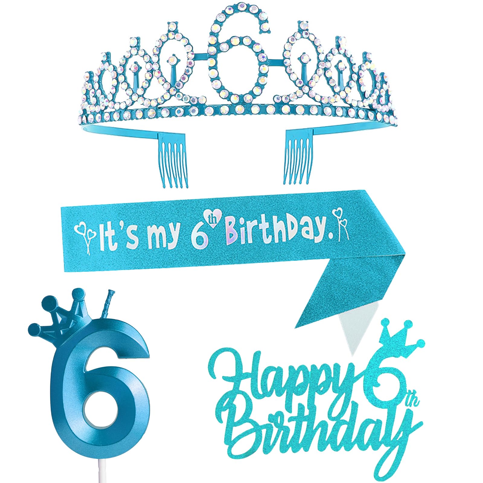 6th Birthday Decorations for Girl - Blue Party Supplies Including Crown, Sash, Cake Toppers, Number 6 Candles