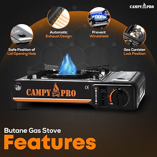 Miniatura 5 de Estufa de gas butano portátil con encendido automático y estuche de transporte, estufa compacta para acampar, senderismo, cocina al aire libre y uso