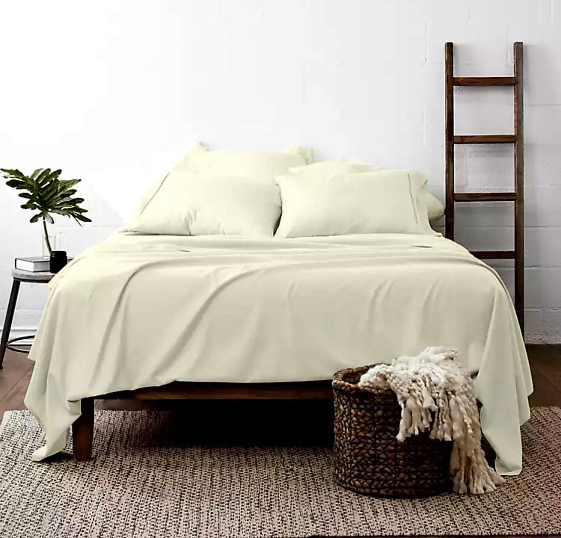 100% Organic Cotton Sheets, 800-Thread-Count, 4 PC Set, Eco-Friendly, Breathable, Luxury Soft Sateen Weave, Fits Mattress 18" Deep Pocket - |Queen, Ivory|